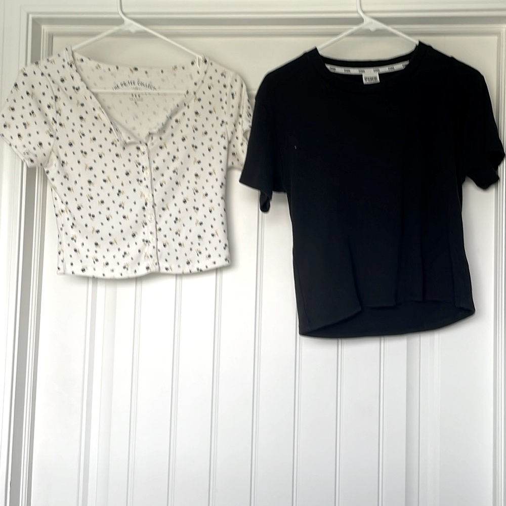 Pink branded black ribbed tee and Aeropostale flower half tee